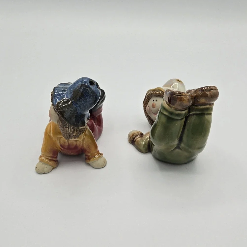 Vintage Pair‎ Porcelain Scarecrow Figurines Salt and Pepper Shakers Boy Girl